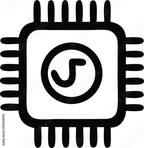 Stylized black and white icon of a computer processor chip with a circular symbol resembling a stylized root symbol inside