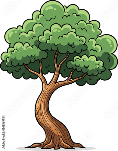 A Large Green Tree with a Thick Trunk and Many Branches