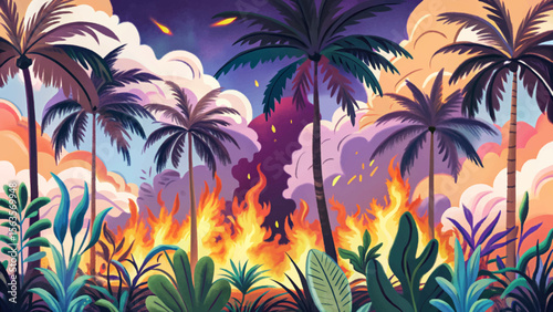jungle blaze consumes the dense forest cartoon, igniting flaming vines and causing palm trees to explode in a dramatic display of wildfire destruction