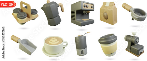 Set of 3D coffee icons featuring cup holder, moka pot, espresso machine, coffee bag, portafilter, scoop, latte cup, grinder, takeaway cup, and coffee grinder. Trendy vector illustration
