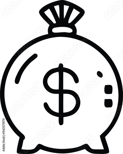 A simple black and white line drawing of a money bag with a dollar sign prominently displayed on its front