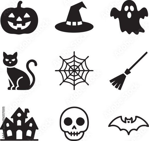 Nine Black Halloween Icons Set Jackolantern Witch Hat Ghost Cat Spiderweb Broom Haunted House Skull Bat Minimalist Style