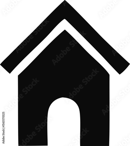 Simple black silhouette of a house with a peaked roof and arched doorway on a white background