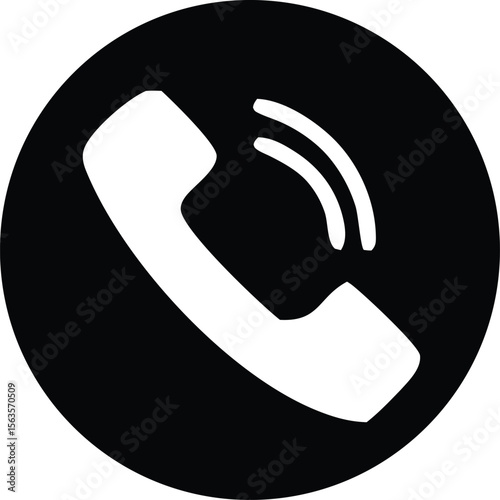 A simple black circle with a white telephone handset icon and sound waves indicating an incoming call or communication