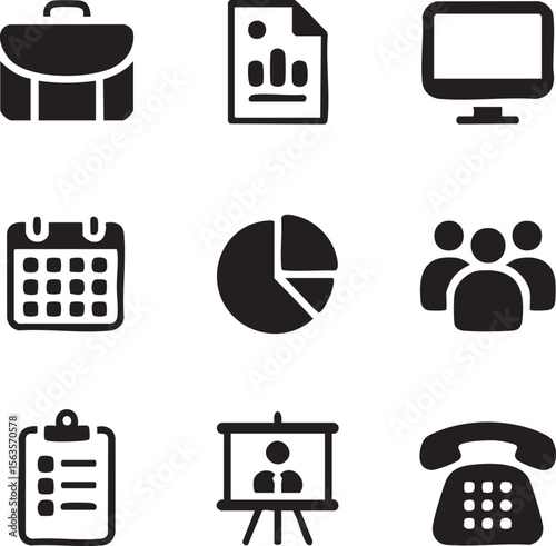 Nine Black Minimalist Business Icons Set Briefcase Document Computer Calendar Pie Chart People Checklist Presentation Phone