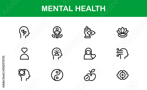 Vector Icon Collection for Mental Health Including Counseling, Mind Care, Emotional Support, and Wellness