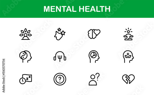 Vector Icon Collection for Mental Health Including Counseling, Mind Care, Emotional Support, and Wellness