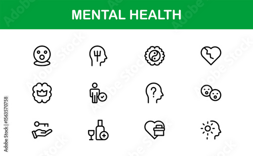 Vector Icon Collection for Mental Health Including Counseling, Mind Care, Emotional Support, and Wellness