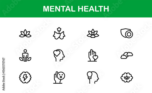 Vector Icon Collection for Mental Health Including Counseling, Mind Care, Emotional Support, and Wellness