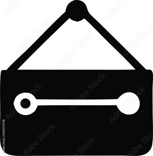 Simple black and white icon representing a hanging sign with a horizontal bar and two circular elements suggesting a door hanger or tag