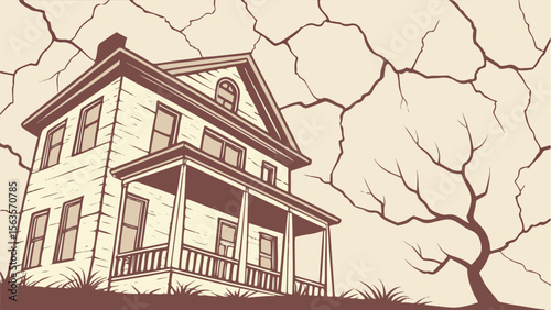 A cartoonish image shows a weathered house with cracks in the background, presented in a card-like format with some interactive elements.
