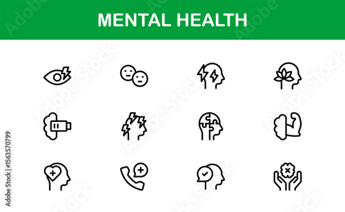 Vector Icon Collection for Mental Health Including Counseling, Mind Care, Emotional Support, and Wellness