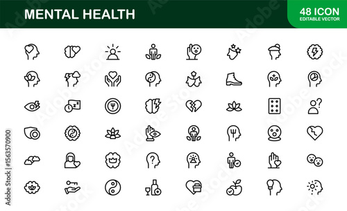 Vector Icon Collection for Mental Health Including Counseling, Mind Care, Emotional Support, and Wellness
