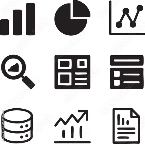 Nine Black Minimalist Data Analytics Icons Set Bar Chart Pie Chart Line Graph Magnifying Glass Data Table Report Database Graph Document