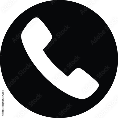 Simple black and white icon of a classic telephone handset centered within a perfect circle