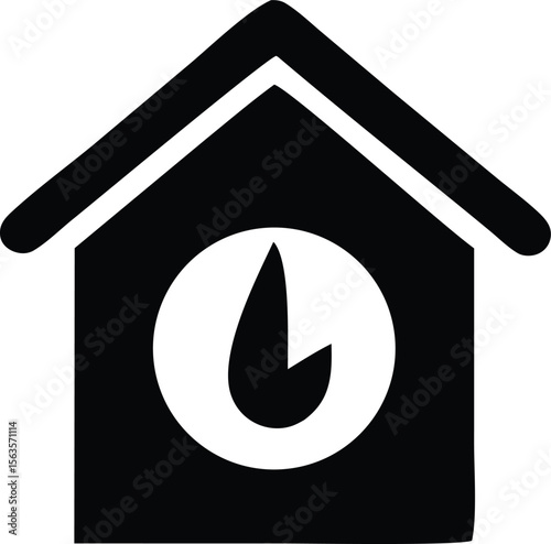 Simple black and white icon of a house with a circular clock face displaying a flame symbol