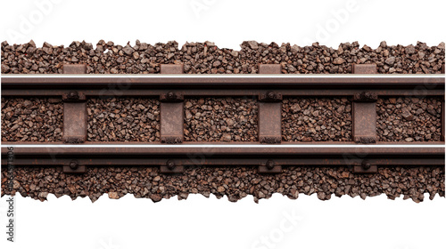 A close-up view of a railway track. The image captures the details of the rails, fasteners, and ballast stones. photo