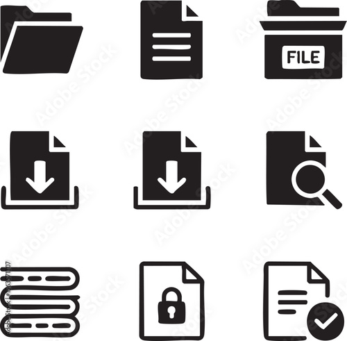 Nine Black Minimalist File Icons Set Document Folder Download Search Secure Approved Vector Graphics