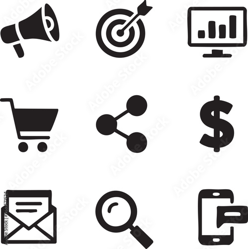 Nine Black Minimalist Icons for Digital Marketing Strategy including Bullhorn Target Chart Shopping Cart Share Symbol Dollar Sign Email Magnifying Glass and Smartphone
