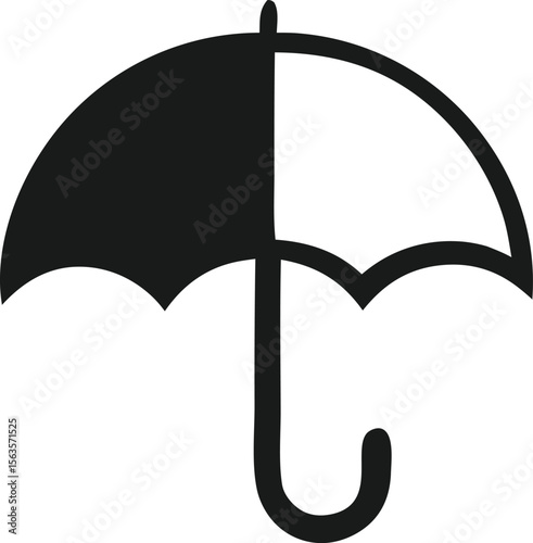 A simple black and white graphic of an open umbrella divided into two halves one black and one white