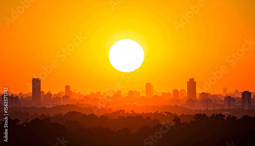 Panoramica con un sol de verano ardiente y bruma cálida en concepto de ola de calor extremo y cambio climático sobre la silueta de una ciudad