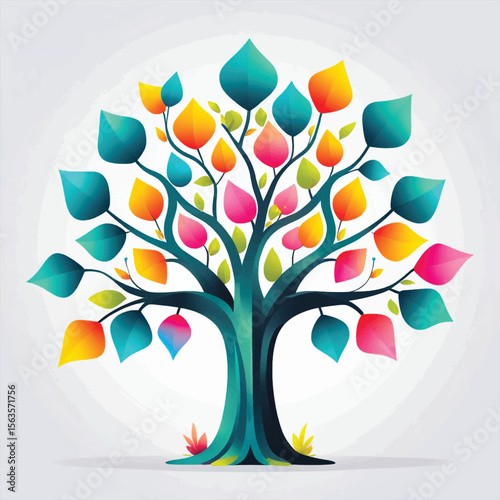 Colorful Fantasy Tree Vector Illustration with Thick Trunk and Geometric Leaves in Bright Teal, Orange, Pink, and Yellow  Abstract Nature Art in Flat Design Style