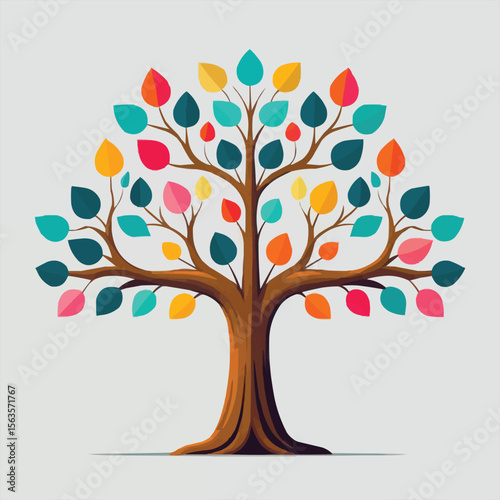 Colorful Fantasy Tree Vector Illustration with Thick Trunk and Geometric Leaves in Bright Teal, Orange, Pink, and Yellow  Abstract Nature Art in Flat Design Style