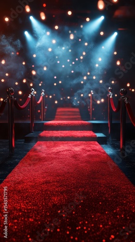 Elegant red carpet entrance surrounded by soft lighting creates a glamorous atmosphere for a special event