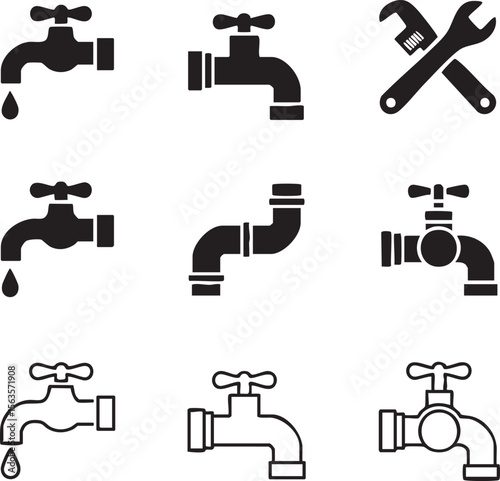 Nine Black Minimalist Plumbing Icons Set Water Tap Faucet Pipe Wrench Line Art Graphic Design Elements