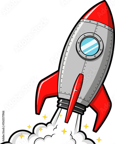 Illustration of a silver and red rocket ship blasting off into space leaving a trail of smoke and sparkles