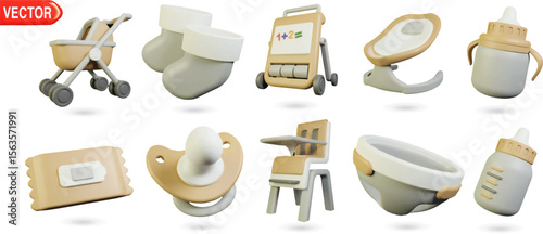 Set of 3D baby icons featuring stroller, baby shoes, toy board, baby rocker, milk bottle, diaper, pacifier, high chair, baby bowl, and bib. Cute cartoon style, trendy vector objects.
