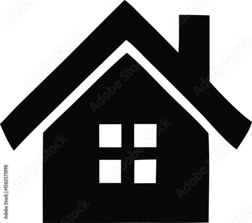 Simple black silhouette of a house with a chimney and four square windows on a white background