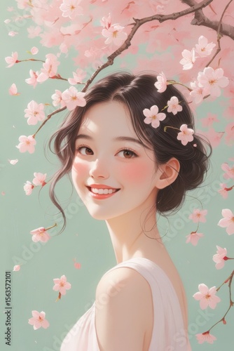 Asian woman with cherry blossom smiling at camera, spring beauty