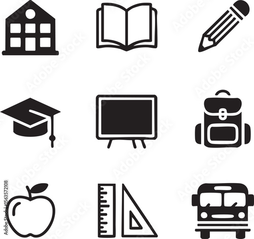 Nine Black Minimalist School Icons Set Apple Book Pencil Graduation Cap Blackboard Backpack Ruler Triangle School Building School Bus
