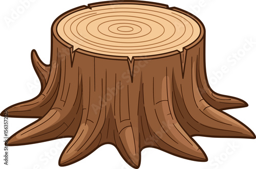 Detailed Illustration of a Weathered Wooden Tree Stump with Visible Growth Rings and Roots