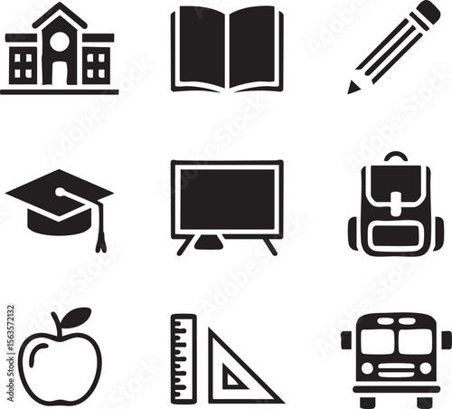 Nine Black Minimalist School Icons Set Apple Book Pencil Graduation Cap Blackboard Backpack Ruler Triangle School Building Bus