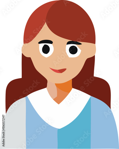 Stylized cartoon portrait of a friendly young woman with long auburn hair and a light blue shirt against a white background