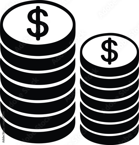 Two stacks of black coins with dollar signs on top representing financial growth and wealth accumulation in a simple graphic style