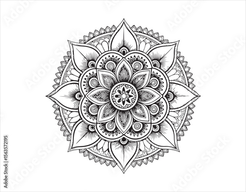Black and white henna-style mandala with floral details, perfect for meditation and art books.

