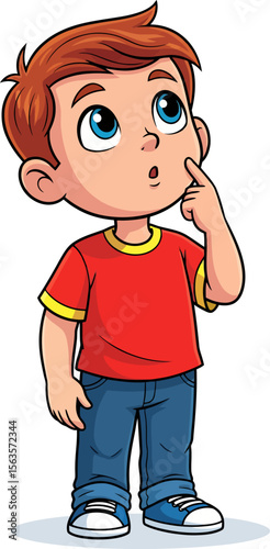 Young boy with red shirt and blue jeans thinking a difficult question with a curious look
