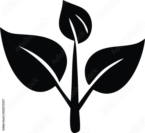 Simple black silhouette icon of a young plant with three leaves emerging from a central stem