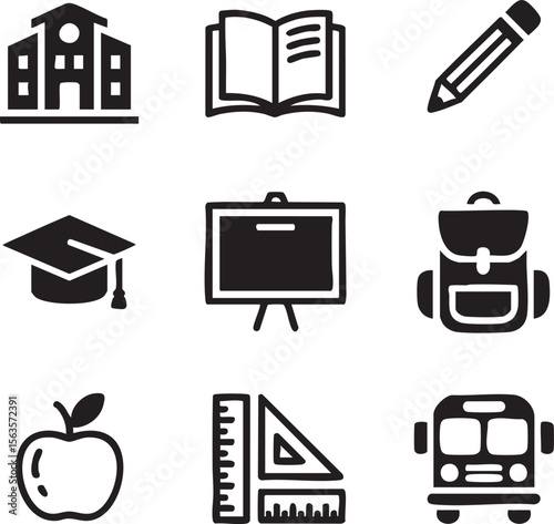 Nine Black Minimalist School Icons Set School Building Book Pencil Graduation Cap Blackboard Backpack Apple Ruler Set Square School Bus