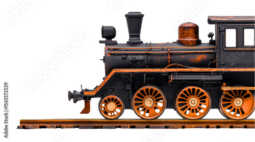 A side view of an old, detailed train locomotive. The locomotive features intricate mechanical details, rust spots, and a classic design