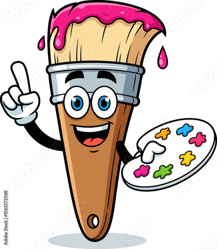 Creative Cartoon Paintbrush Character Holding an Art Palette with Colorful Paints