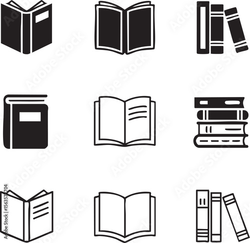 Nine Minimalist Black and White Flat Book Icons Set Open Closed Stacked Simple Line Art Graphic Design Elements