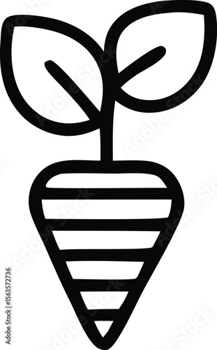 Simple black outline icon of a radish or beet with two green leaves isolated on white background