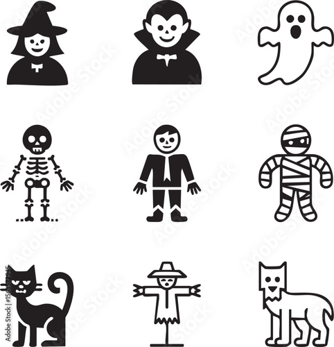 Nine Minimalist Black and White Halloween Character Icons Witch Vampire Ghost Skeleton Mummy Cat Scarecrow Wolf