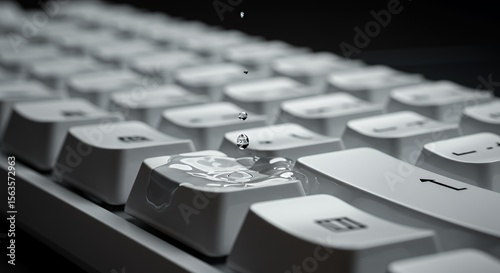 Water droplets fall onto a pristine white keyboard, creating a captivating image of technology and unexpected elements.