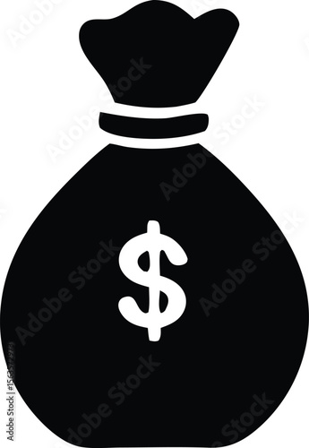 A simple black and white icon representing a money bag with a prominent dollar sign in the center symbolizing wealth and finance
