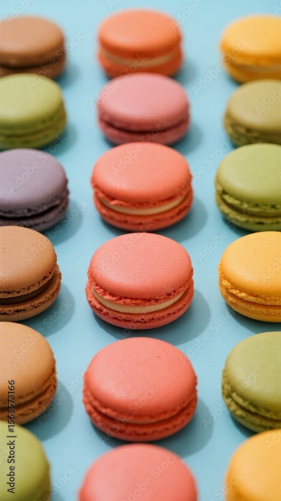 Obraz premium Colorful macarons arranged in neat rows on a vibrant blue background